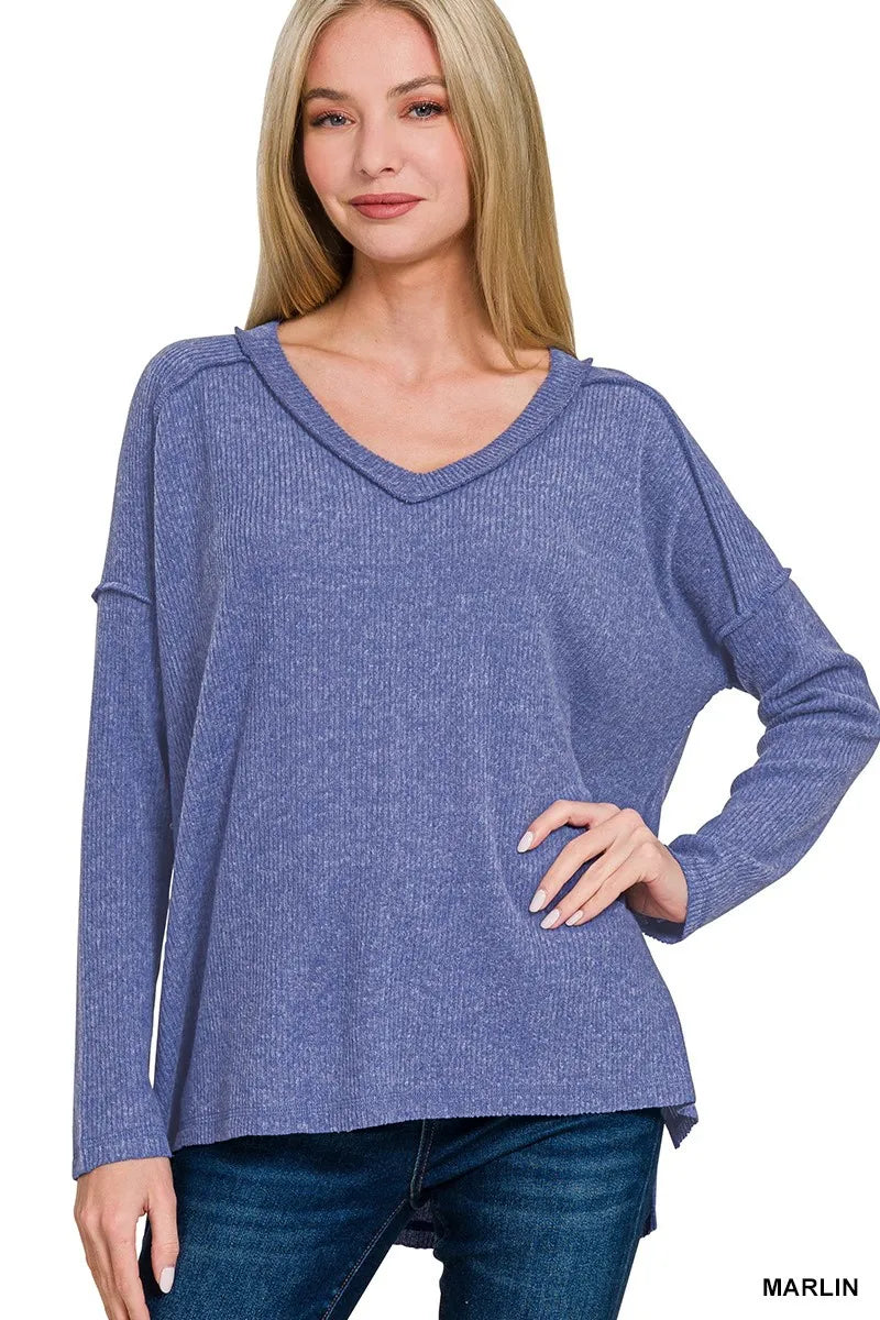 Zenana Brushed Ribbed Hacci V-Neck Sweater – Soft, Cozy & Stylish