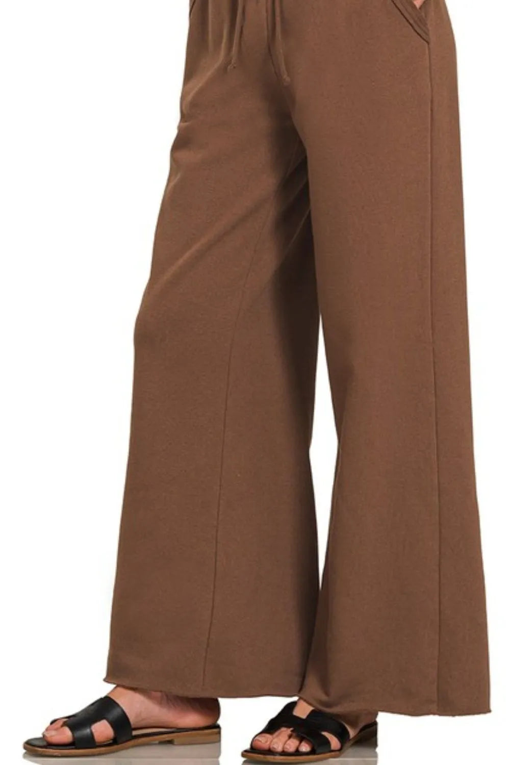 Brown Wide Leg Lounge Pants – Knit, Drawstring Waist & Side Pockets
