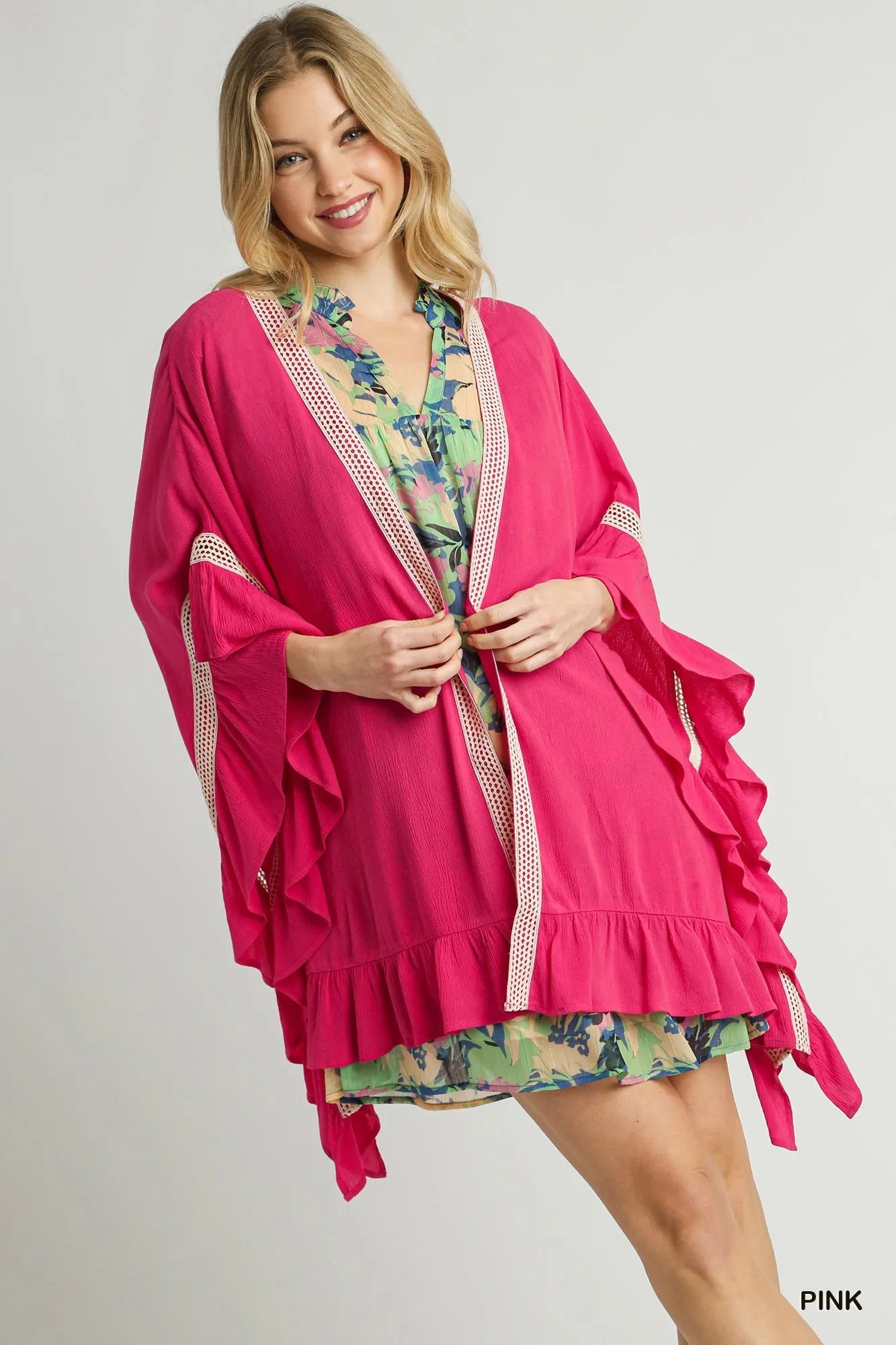 Boho Ruffle Trim Kimono with Crochet Accents Lightweight & Stylish