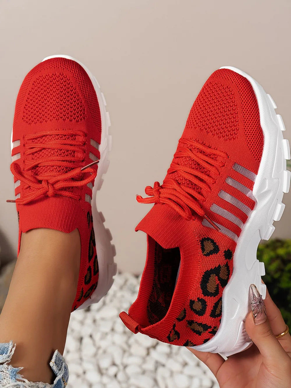 Cutout Leopard Lace-Up Mesh Athletic Sneakers – Sporty & Stylish