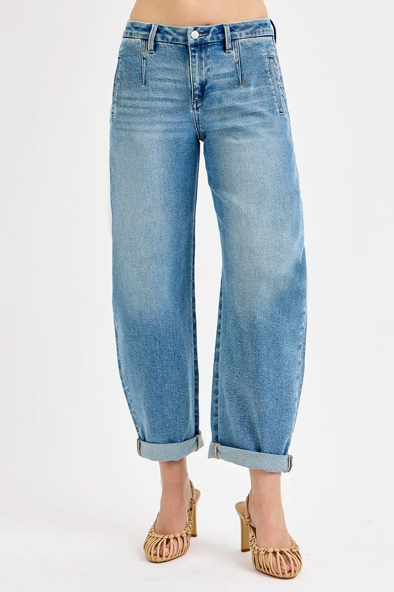 Dreamkue-Risen Women's Mid Rise Barrel Jeans Rolled Cuff Cropped Fit,Stretch Denim