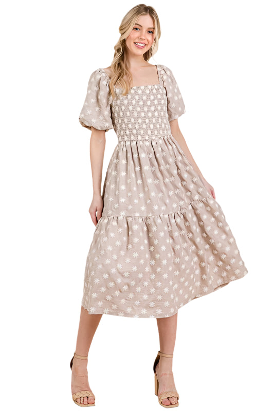 GeeGee Floral Embroidered Smocked Puff Sleeve Tiered Midi Dress