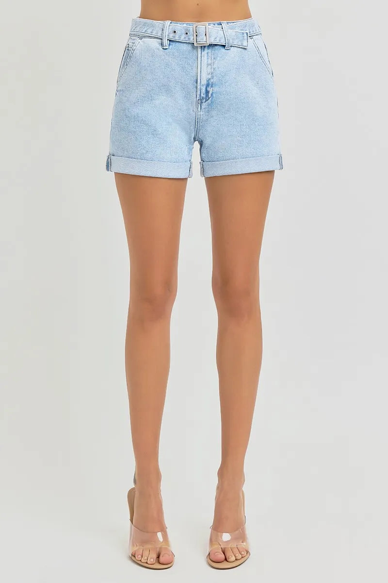 Dreamkue-Risen Women’s High Rise Belted Roll Up Denim Shorts Casual Shorts