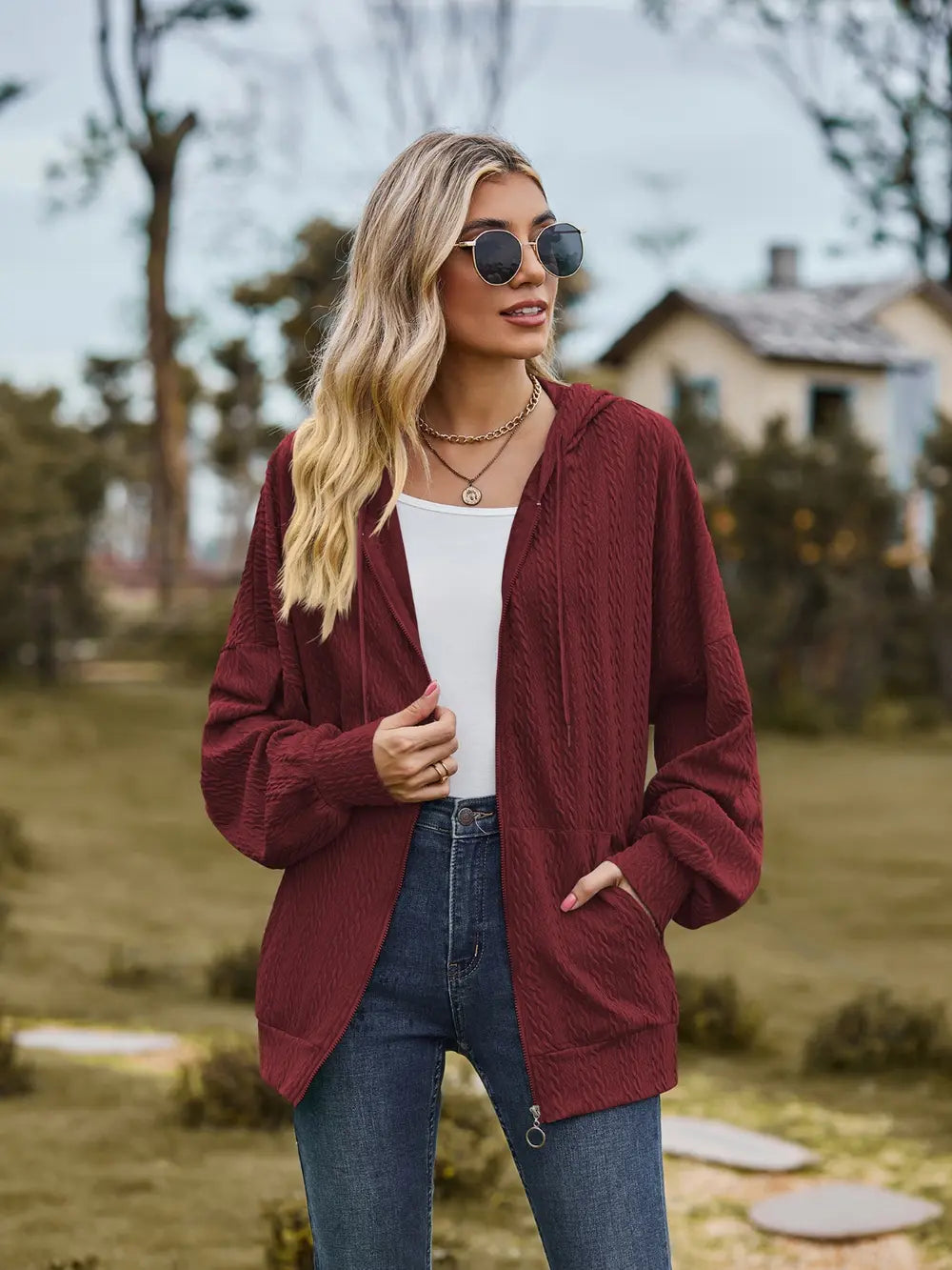 Zip Up Drawstring Long Sleeve Hooded Jacket – Casual Lightweight Layer