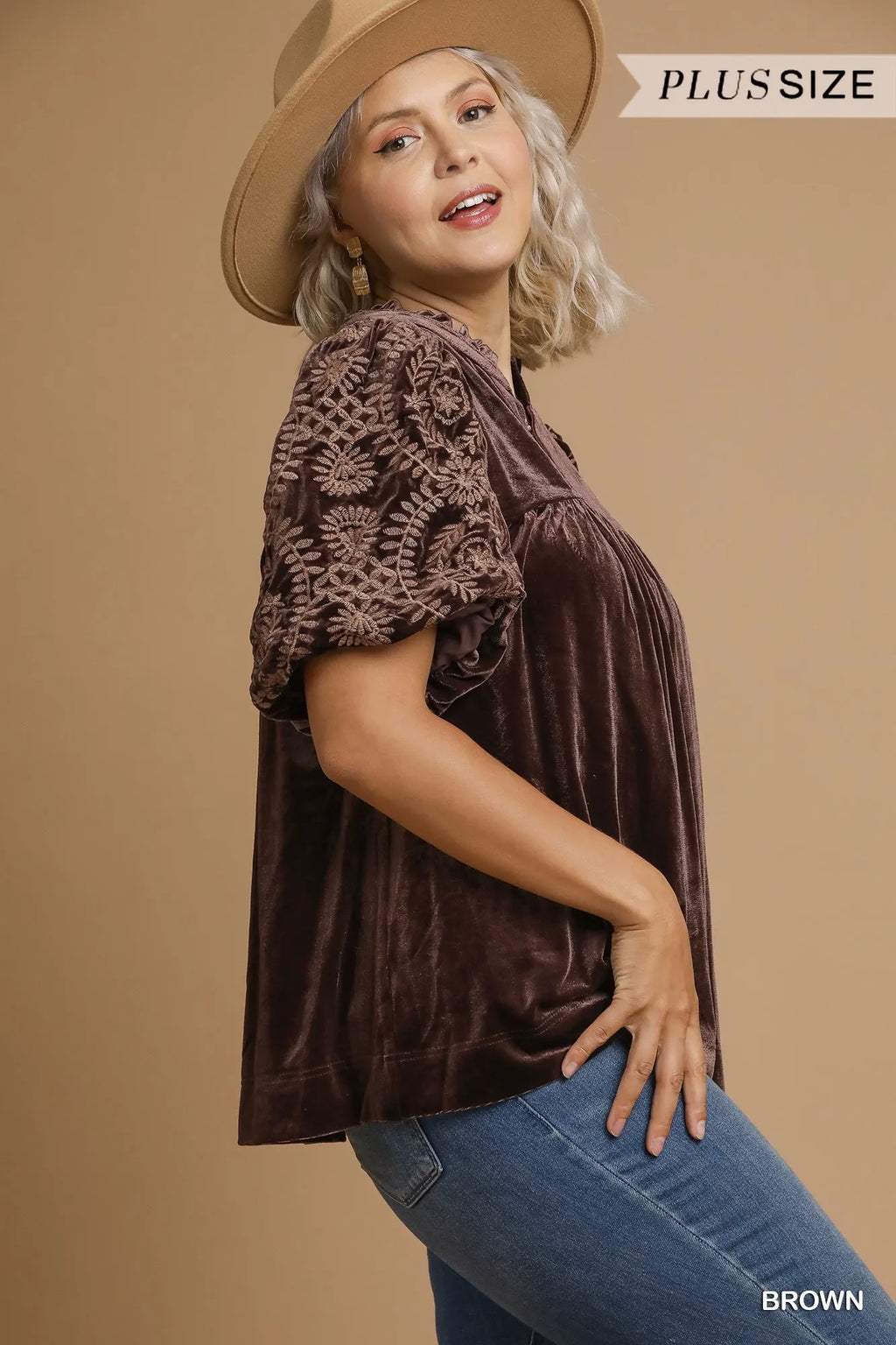 Bohemian Velvet Blouse with Embroidered Sleeves Brown Elegant Top