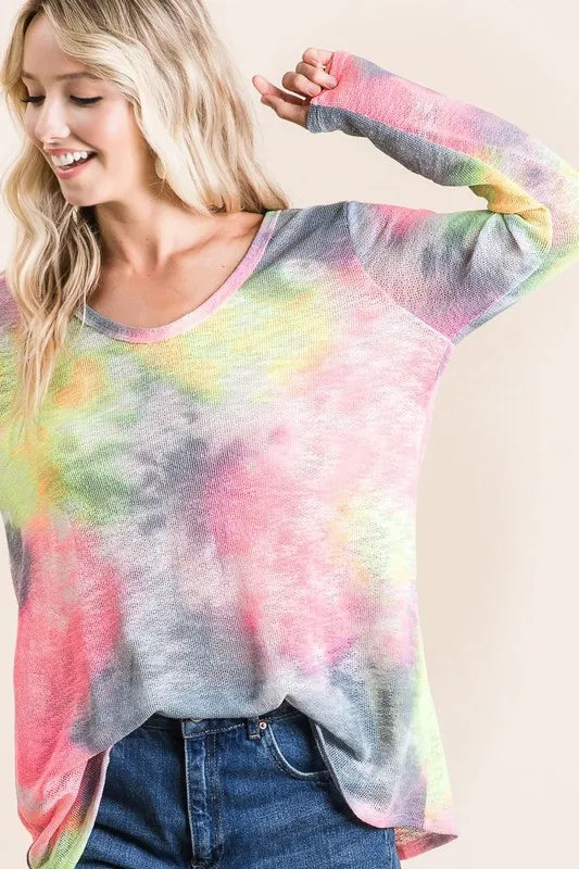 Tie-Dye Print Low Gauge Knit Top | Trendy Women’s Casual Lightweight Shirt