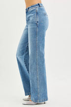 Women's medium-wash straight jeans, side view, relaxed fit with back yoke seam