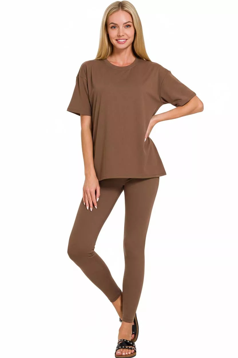 Brown crewneck short-sleeve top and slim pants loungewear set