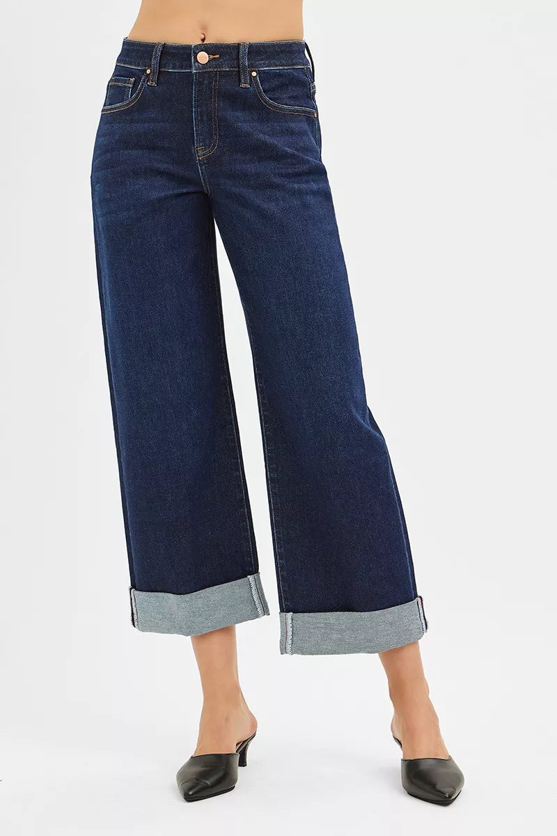 Risen Mid Rise Stretch Ankle Jeans with Wide Roll Cuffs