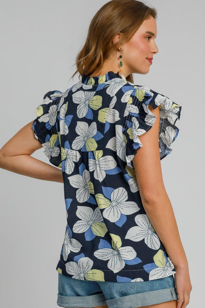 Umgee Floral Print Ruffled Cap Sleeve Babydoll Blouse