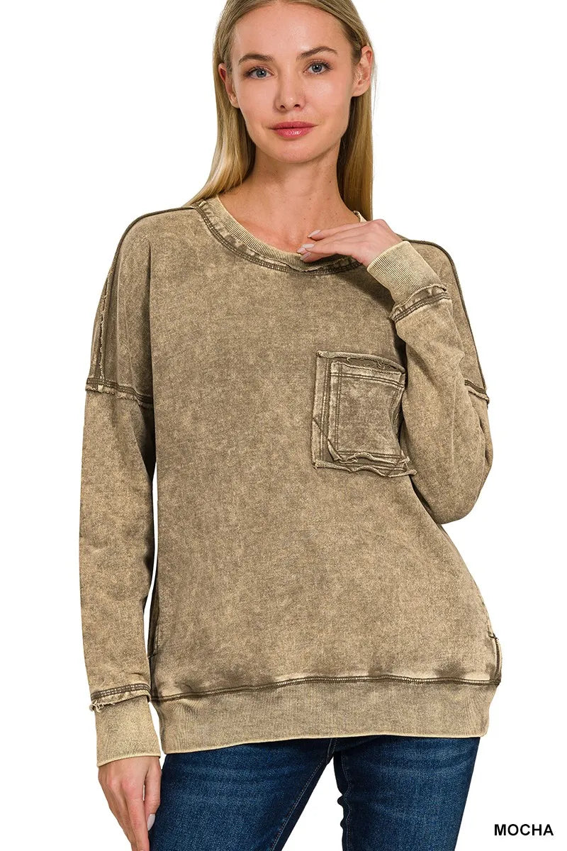 Zenana French Terry Raw Edge Pullover – Casual Washed Comfort