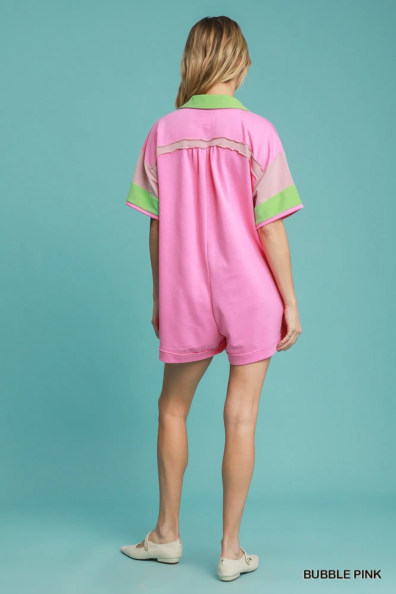 Pink & Green Colorblock Romper – Oversized Button-Up Summer Outfit