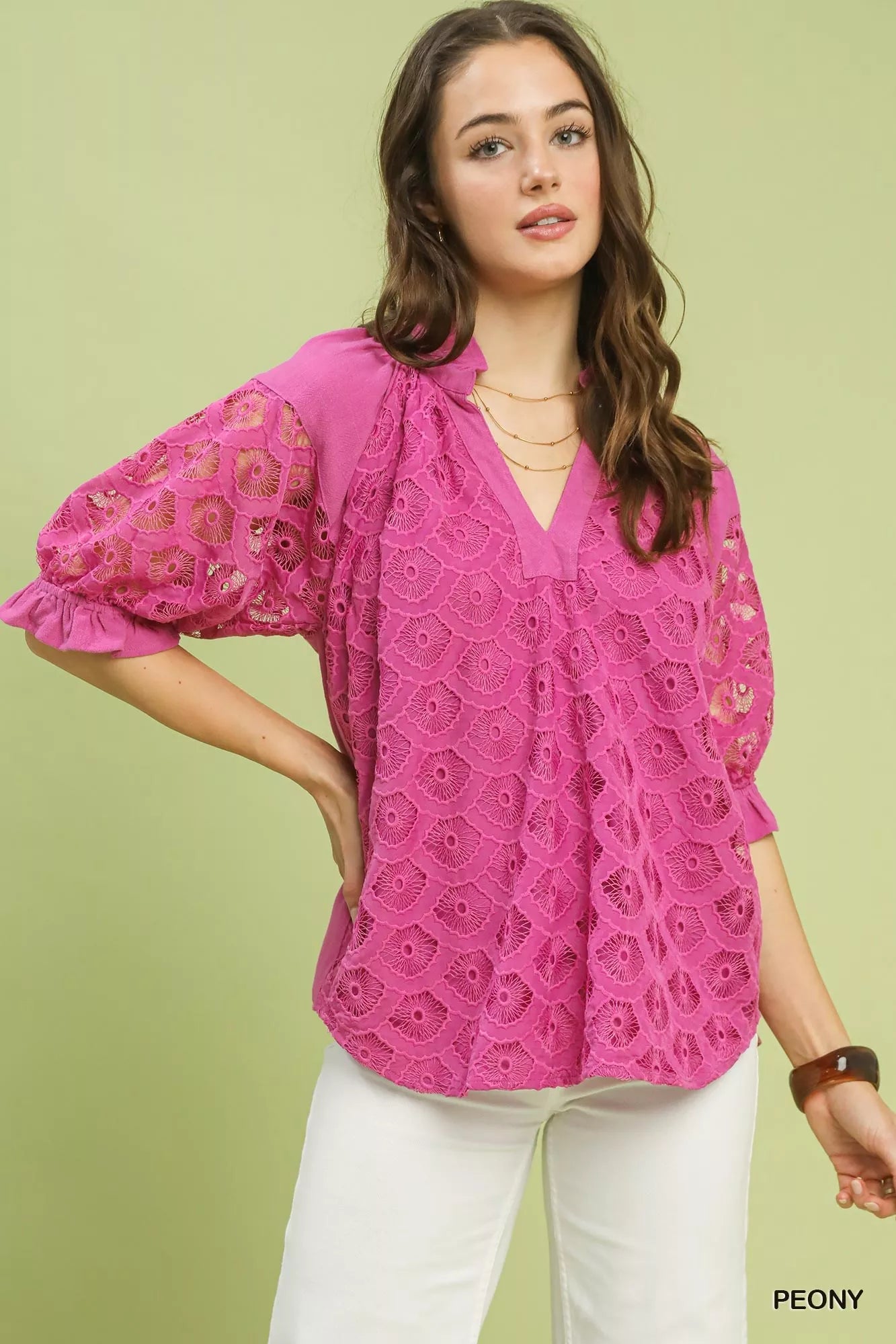 Peony pink linen lace V-neck top with puff sleeves and scalloped embroidery