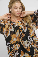 Autumn Leaf Print Chiffon Blouse – Long Balloon Sleeve Casual Top
