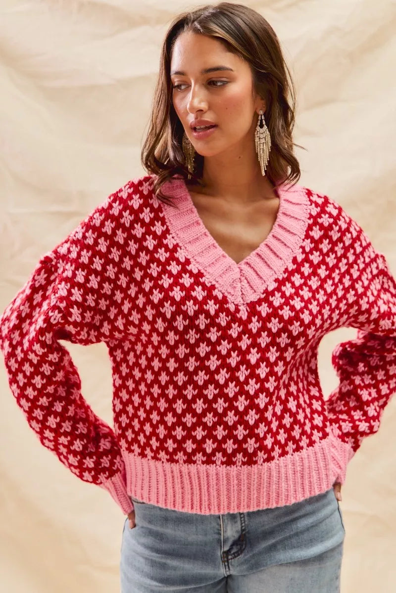 Color Block Textured Christmas Sweater V-Neck