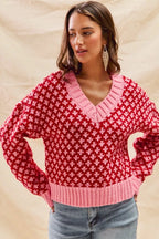 Color Block Textured Christmas Sweater V-Neck