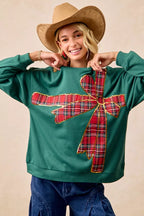 BiBi Plaid Ribbon Bow Christmas Fleece Pullover – Festive Cozy Holiday Top