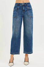 Women’s dark wash cropped baggy jeans with front patch pockets and button fly