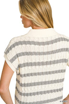 Collared knit sweater vest back view, gray-and-cream horizontal stripes, short sleeves