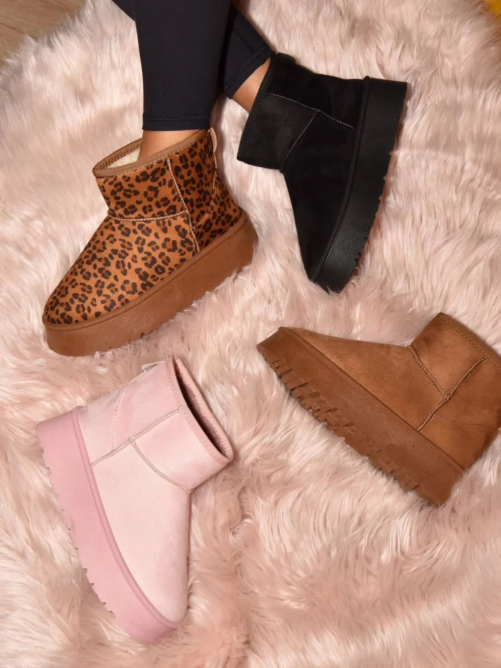 Thermal Furry Leopard Platform Booties – Warm Trendy Winter Shoes
