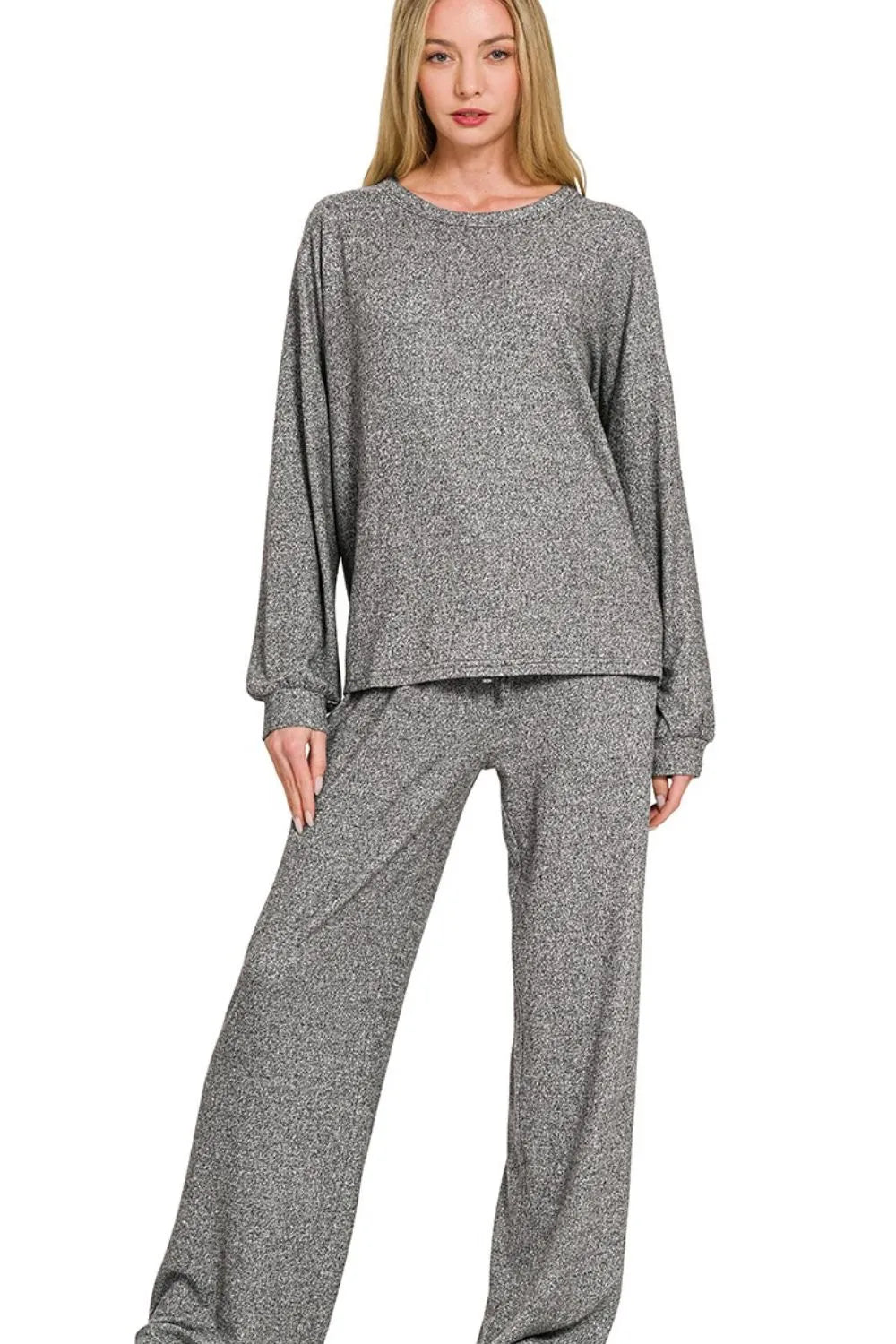 Zenana Soft Melange Hacci Set – Long Sleeve Top & Drawstring Pants