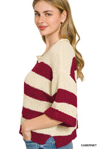 Striped ribbed knit pullover sweater, cream with cabernet red horizontal stripes