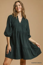 Hunter Green Tiered V-Neck Dress – Balloon Sleeve Flowy Short Dress