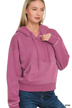 Women’s wine fleece half-zip hoodie with hood, kangaroo pocket, ribbed cuffs