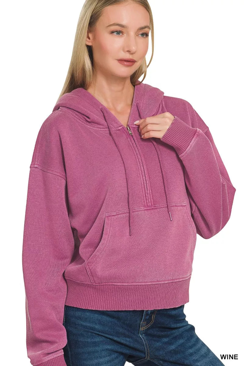 Women’s wine fleece half-zip hoodie with hood, kangaroo pocket, ribbed cuffs