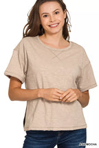 Women’s short-sleeve crewneck tee, ash mocha beige slub knit