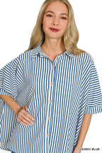 Women’s striped button-down shirt in classic blue, oversized fit, collared neckline, buttons