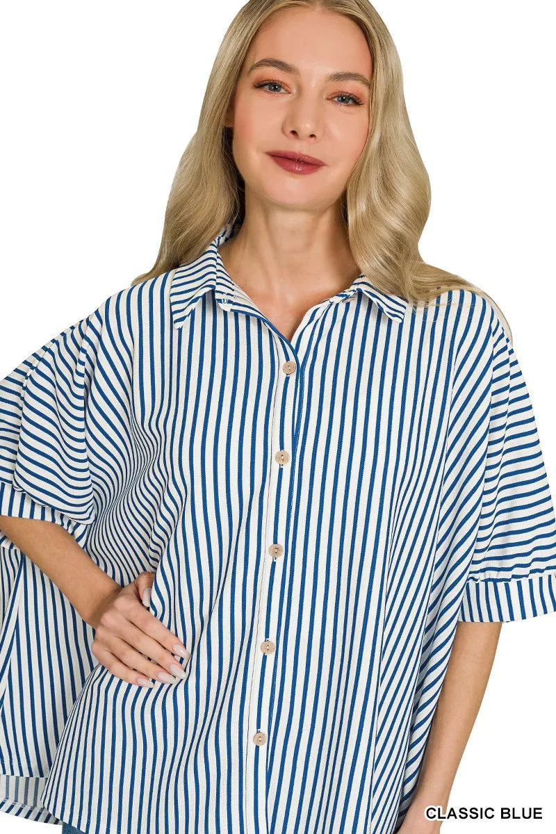 Women’s striped button-down shirt in classic blue, oversized fit, collared neckline, buttons