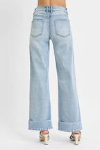 Tummy Control High Rise Ankle Wide Cuffed Jeans | Slimming Trendy Fit