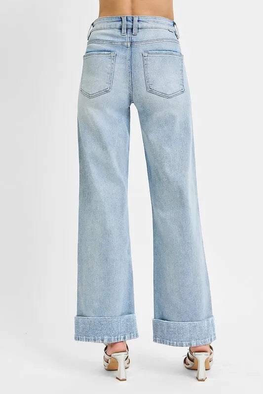 Tummy Control High Rise Ankle Wide Cuffed Jeans | Slimming Trendy Fit