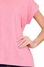 Zenana Round Neck Folded Short Sleeve T-Shirt – Soft, Casual Everyday Basic