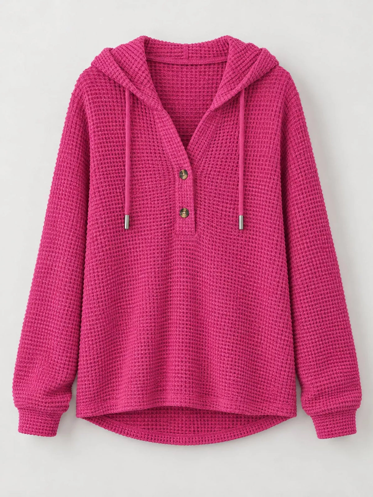 Waffle-knit button hoodie in fuchsia, front view with hood and drawstring cords.
