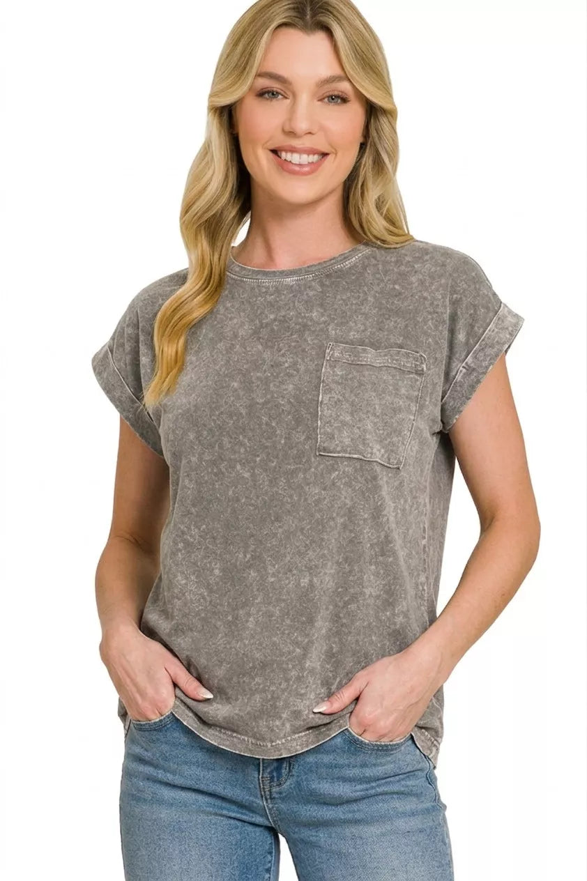 Snow-washed crewneck pocket tee, ash black, short cuffed sleeves and curved hem