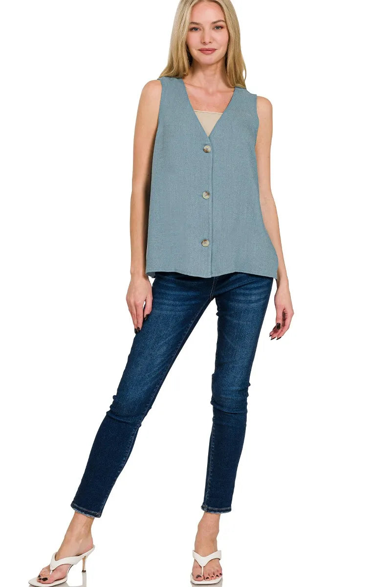 Zenana Blue Grey Side Slit Button Vest – Stylish & Lightweight Layer