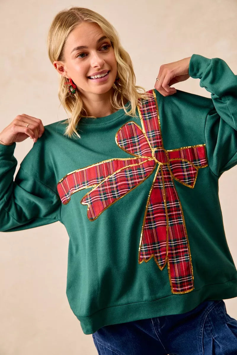 BiBi Plaid Ribbon Bow Christmas Fleece Pullover – Festive Cozy Holiday Top