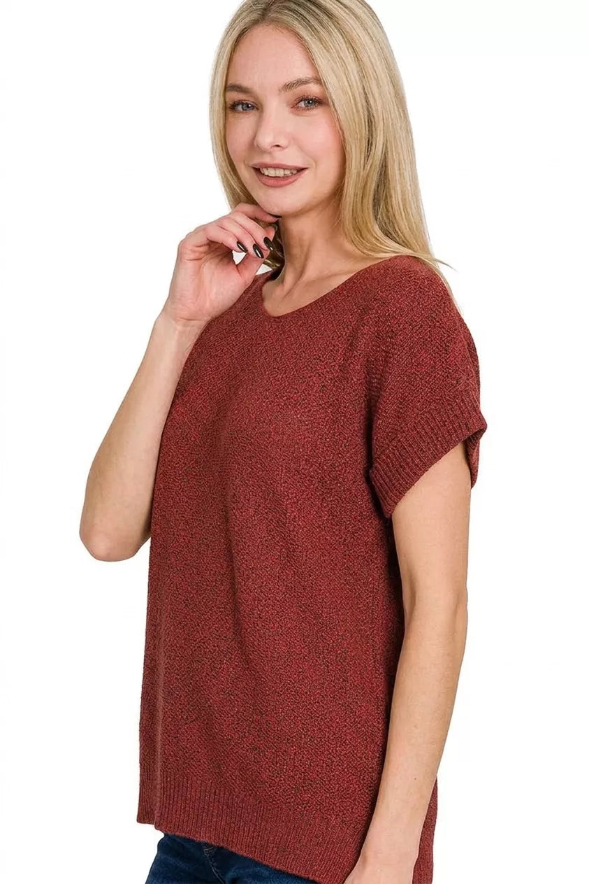 Cabernet center-seam knit top with short sleeves and crew neckline, side drape