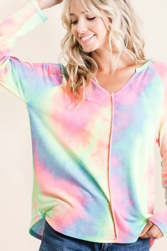 BiBi Tie Dye Long Sleeve Terry T-Shirt – Casual Colorful Style
