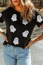 Glitter Ghost Round Neck Short Sleeve T-Shirt – Fun Halloween Top