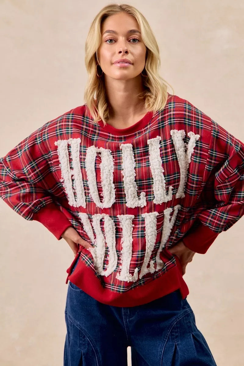 Holly Jolly Christmas Plaid Oversized Sweatshirt – Festive Holiday Top