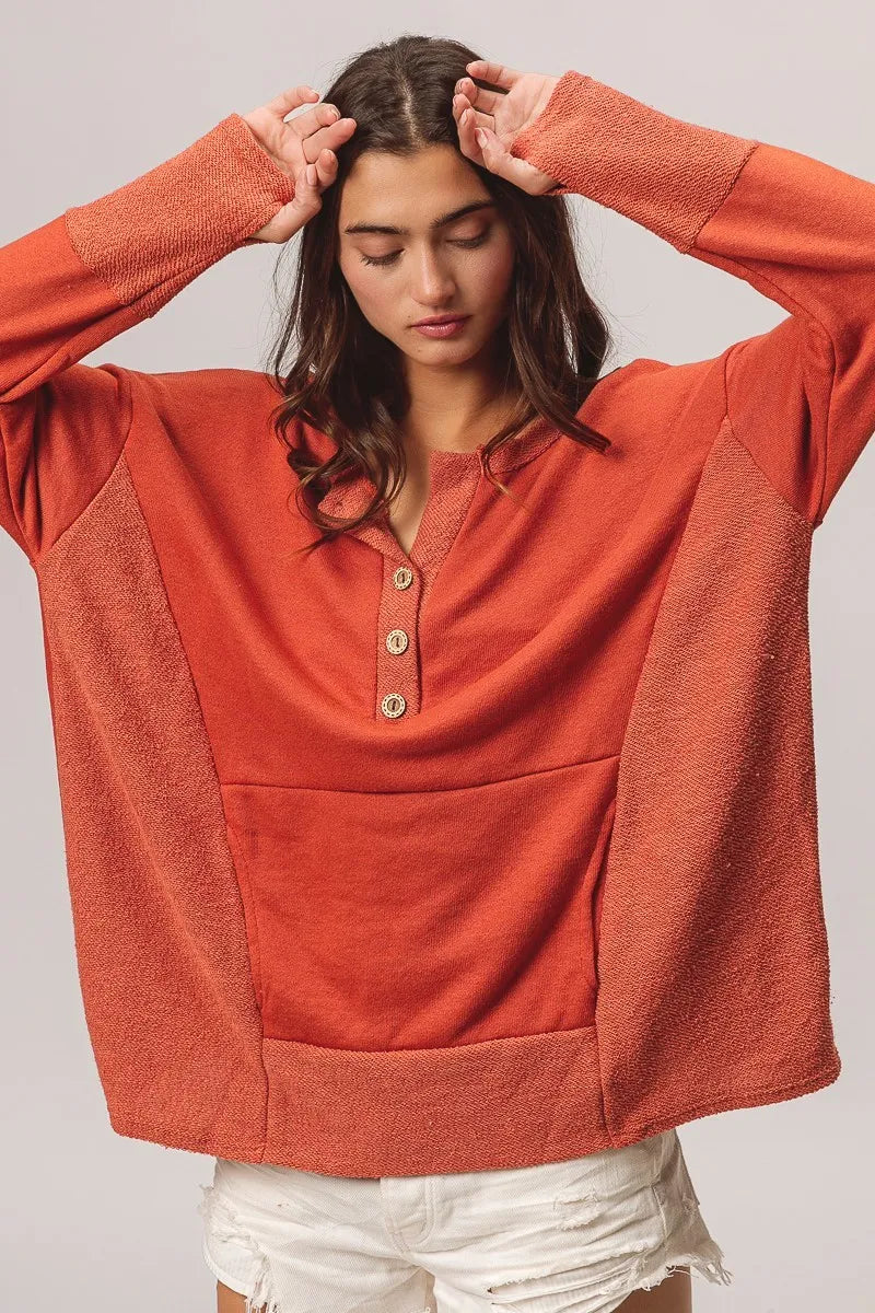 French Terry Henley Top with Side Block Detail & Button Accents