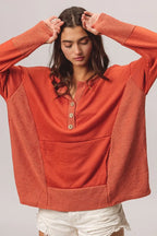 French Terry Henley Top with Side Block Detail & Button Accents
