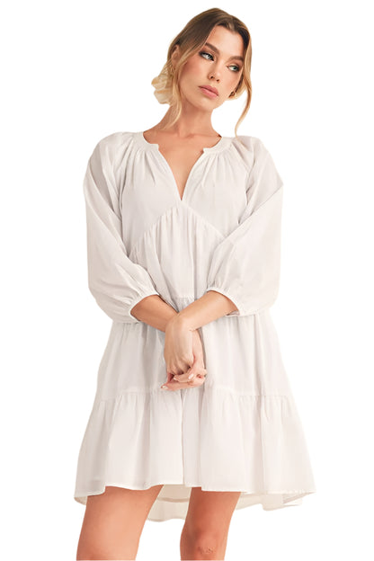 Aemi + Co Notched Balloon Sleeve Tiered Mini Dress