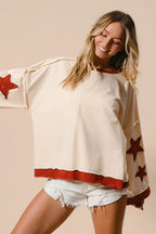 Oversized Cream Sweatshirt with Red Star Graphics – Casual Streetwear