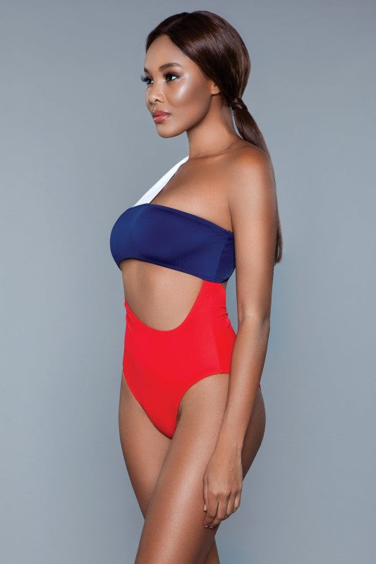 One-shoulder cut-out one-piece swimsuit, red body with blue bandeau and asymmetrical cut