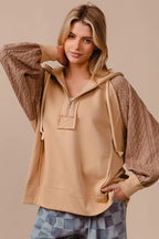 Half Zip French Terry Hoodie with Knit Sleeves
