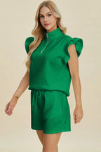Textured Flounce Sleeve Top & Shorts Set – Stylish & Comfy 2-Piece